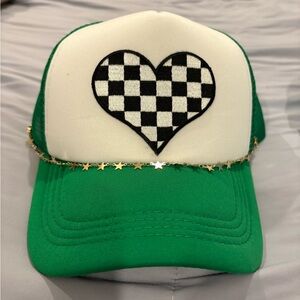 Green and White Women trucker Cap with Checkered Heart